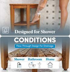 the Original 15.5″ Kai Corner Teak Shower Bench – Shower Stool with Storage Shel