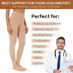 Compression Thigh High Stockings Men and Women 30-40 mmHg Beige Black Large
