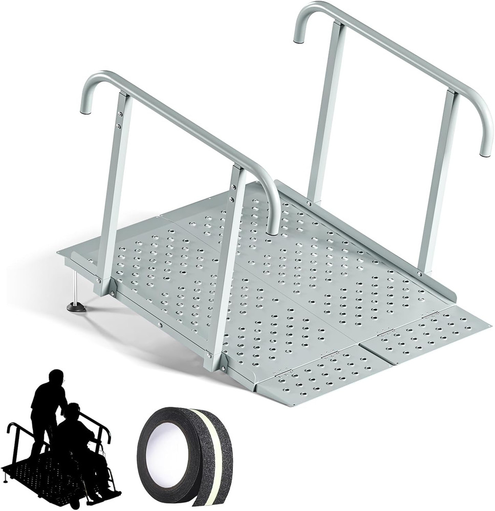 Portable Wheelchair Ramp with Handrails, Non-Slip Iron Handicap Ramp 440Lbs Load