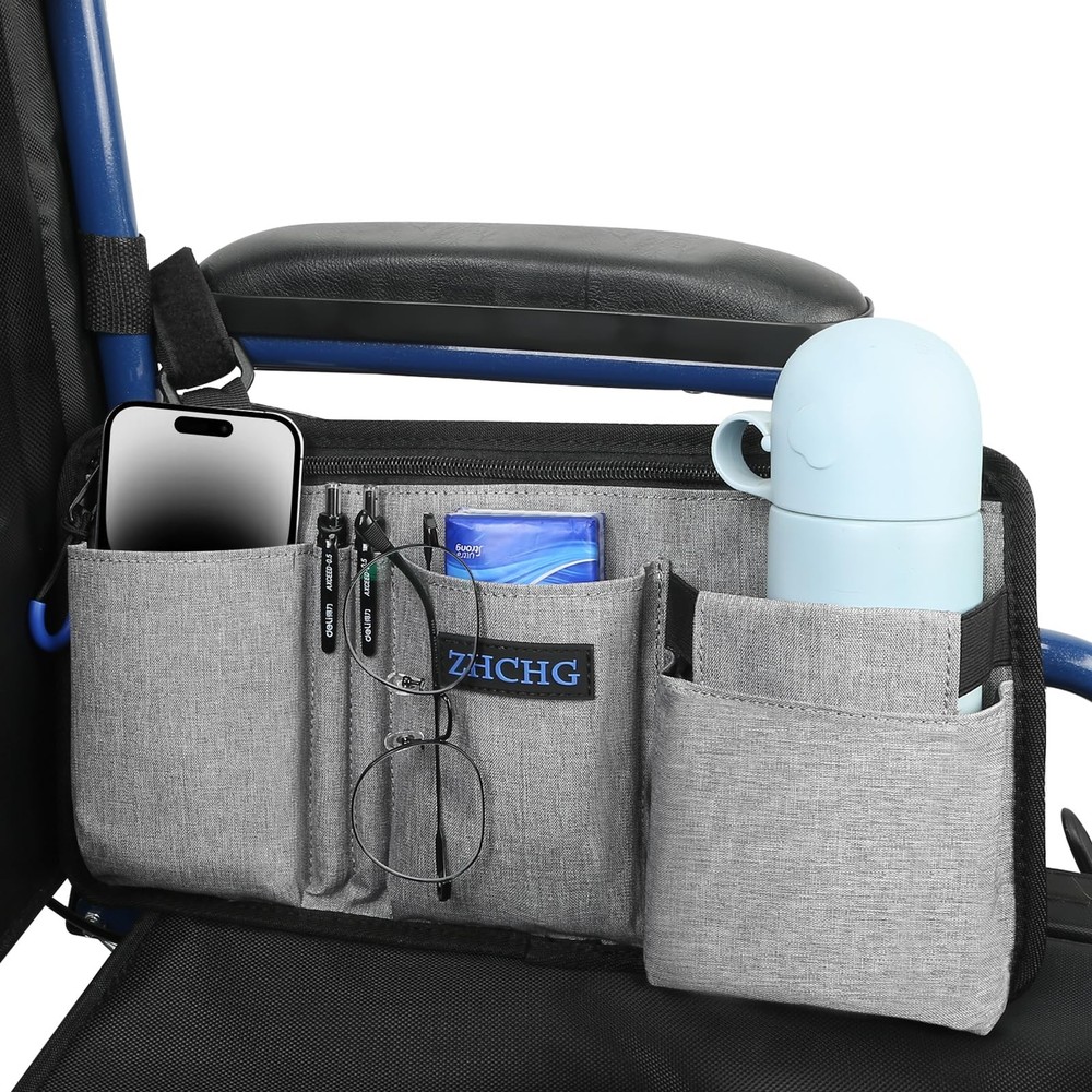 ZHCHG Wheelchair Side Bag w/ Cup Holder, Armrest Pouch for Walkers & Scooters