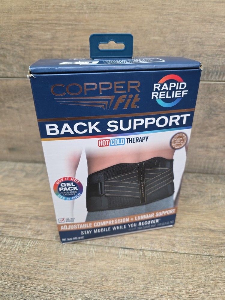 Copper Fit Rapid Relief Adjustable Back Support Wrap w/ Gel Pack Black One Size