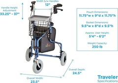NOVA Traveler 3-Wheel Rollator Walker, All Terrain 8” Wheels BLUE – OPEN BOX