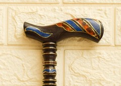 Handmade Ebony Wood Walking Cane – Lapis Amber Inlaid Brass Wire Travel Stick