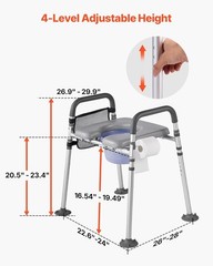 Bedside Commode Chair 4-in-1 Raised Toilet Seat Adjustable Height 500 lbs