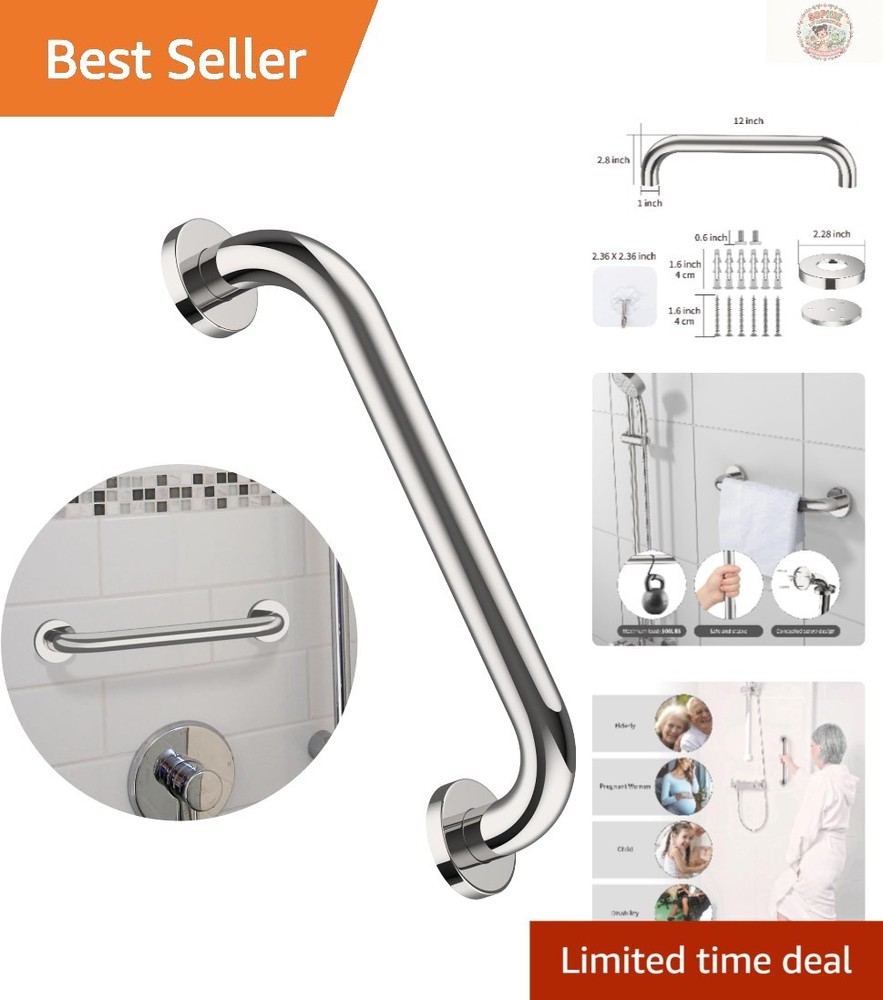 Versatile 12 Inch Grab Bar for Bathroom & Kitchen, Self-Adhesive Hook Included
