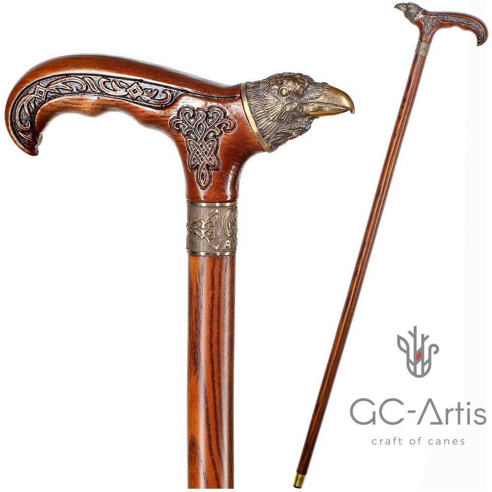 Raven Walking Stick Cane Solid Bronze Brass Metal Staff Wooden Handle Shaft