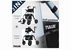 TULUR 2 In 1 Rollator Walker Transport Chair, Blue, Padded Seat, Adjustable