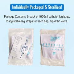 5-Pack 1000ml Catheter Leg Bags with Anti-Reflux Valve 32oz Large Capacity