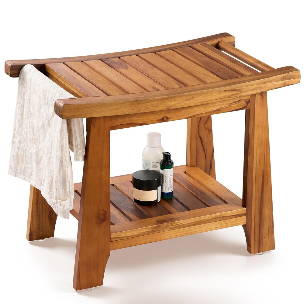 Teak Shower Bench 22 Inch 400lb Capacity Handles