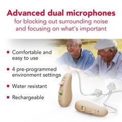 RCA 2-PK OTC Behind-the-Ear Hearing Aid with Rechargeable Stand, Beige