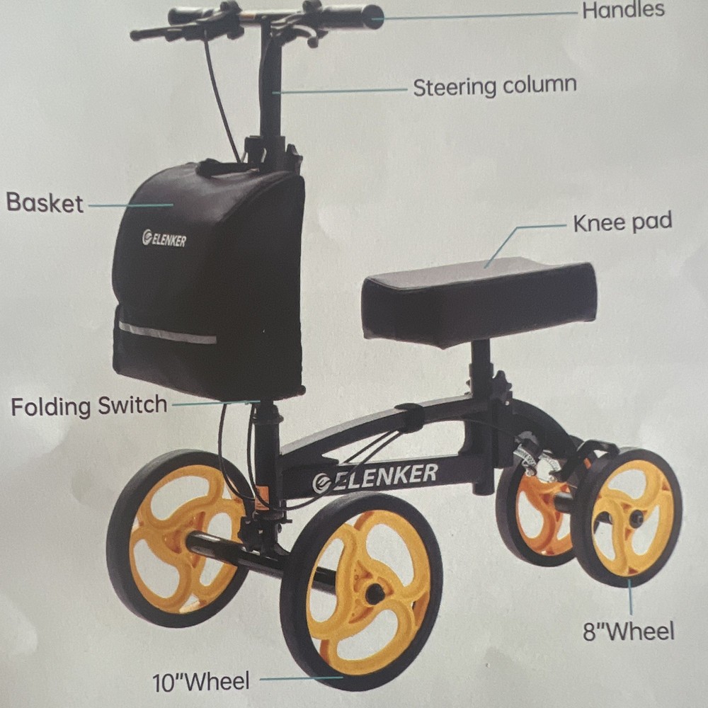 Elenker Foldable Knee Walker Scooter w/ Basket, 4 Wheels, Adult, Black/Yellow