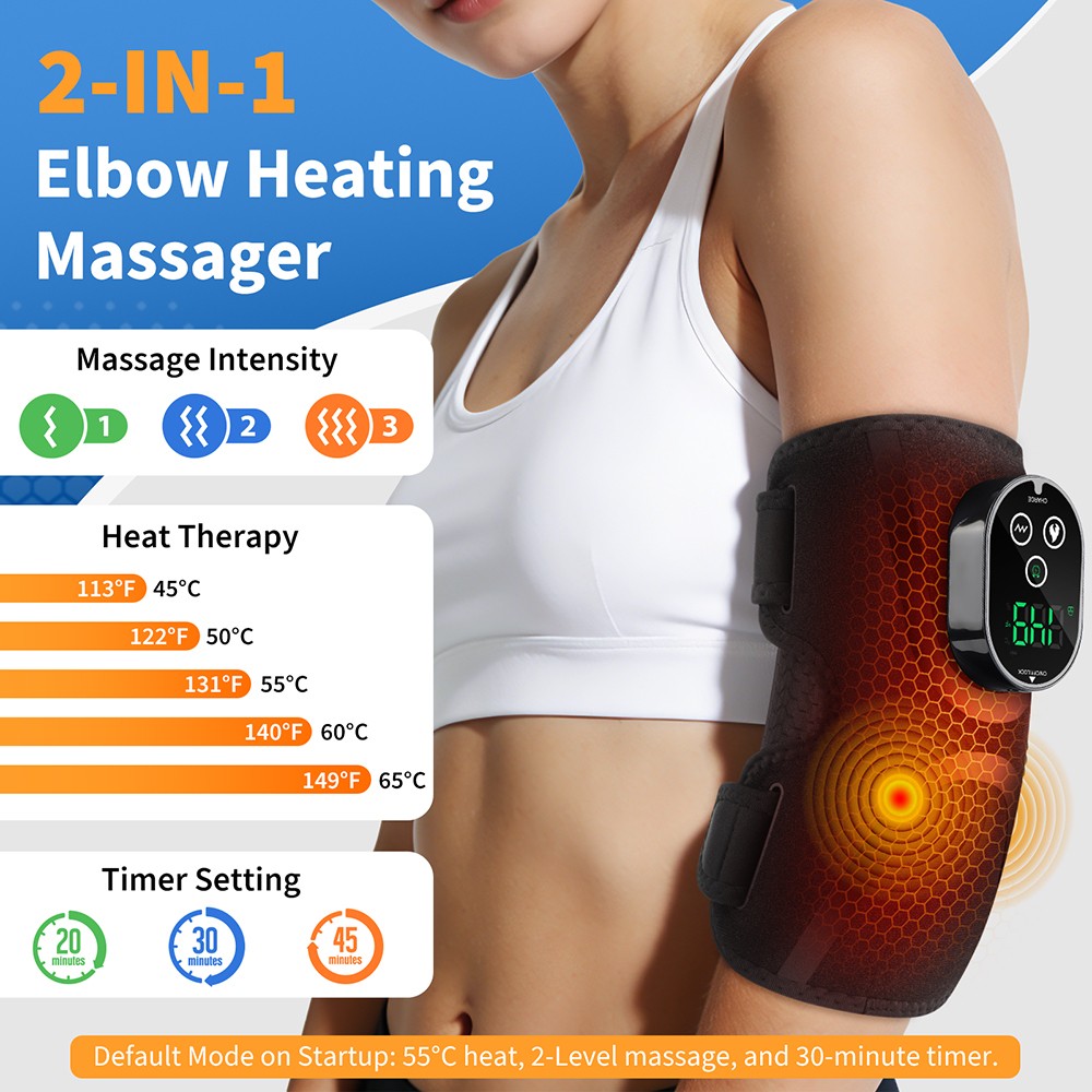 Cordless Heated Massage Elbow Brace with 3000mAh Battery – 5 Heat & 3 Vibration