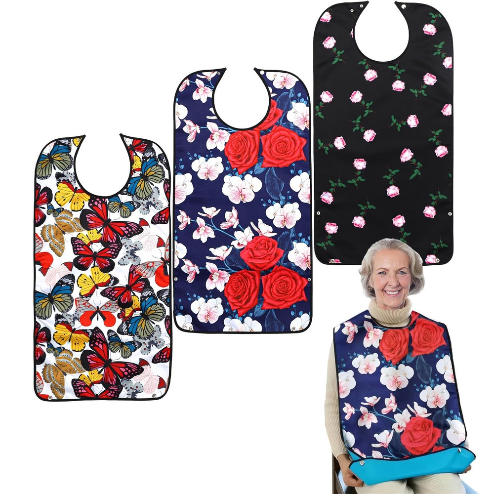 Pafusen 3 Pack Adult Bibs for Women, Large, Flower Butterfly Pink