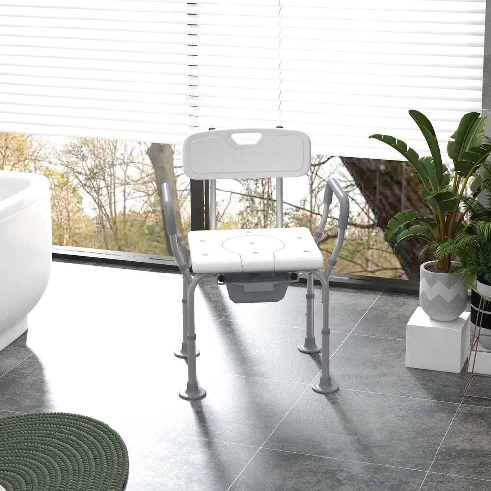 3-in-1 Shower Chair with Back and Arms Height Adjustable Bedside Commode White