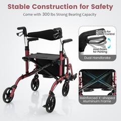 Costway Folding Rollator Walker w/Seat & 8″ Wheels Supports up to 300 lbs Red