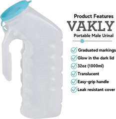 Vakly Male Urinal with Glow in the Dark Cover [2 Pack 32Oz] Portable Urine Pee B