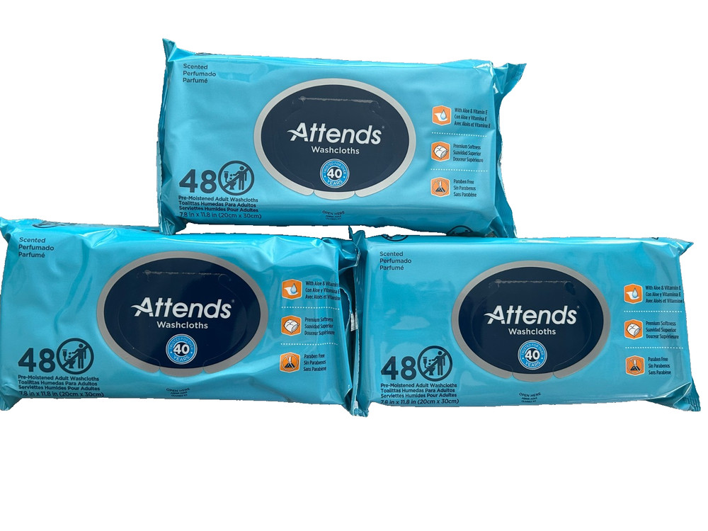 3 Packs Attends Scented Pre-Moistened Adult Washcloths 48 wipes per pack
