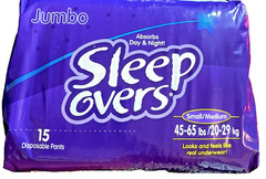 SleepOvers Small/Medium, 45 – 65 lbs, Pack of 15 Count Max Absorbancy