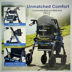 2 in 1 Rollator Walker & Transport Chair, Folding, 450 Lbs, 10” R/8” F Wheels