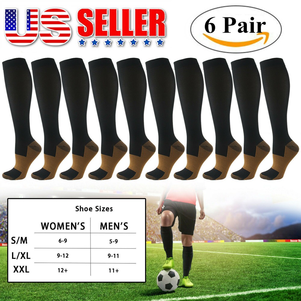 (6 Pairs) Copper Compression 20-30mmHg Graduated Support Socks Mens Womens S-XXL