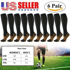 (6 Pairs) Copper Compression 20-30mmHg Graduated Support Socks Mens Womens S-XXL