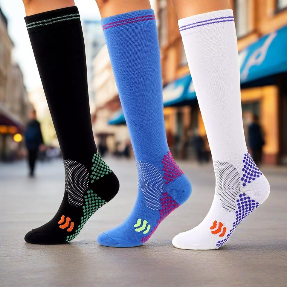 3 Pair Firm Compression Hose Opaque Knee High Wide Calf Black+Blue+White