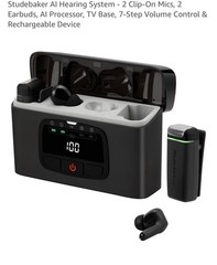 Studebaker AI Hearing System – 2 Clip-On Mics, 2 Earbuds, AI Processor, TV Base