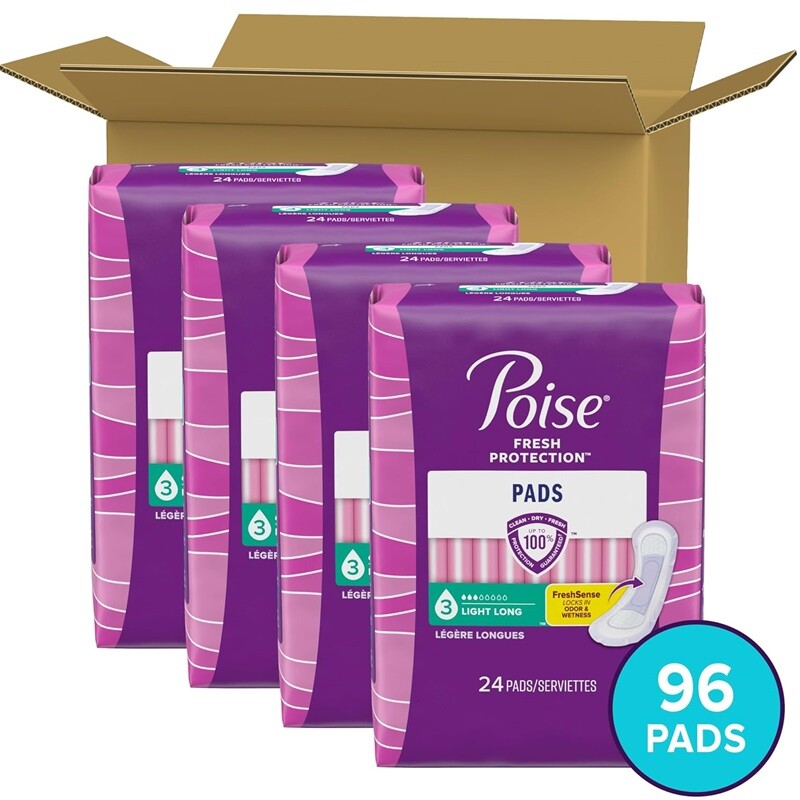 Poise Incontinence Pads & Postpartum 3 Drop Light Absorbency Long 24 ct 4-Pack