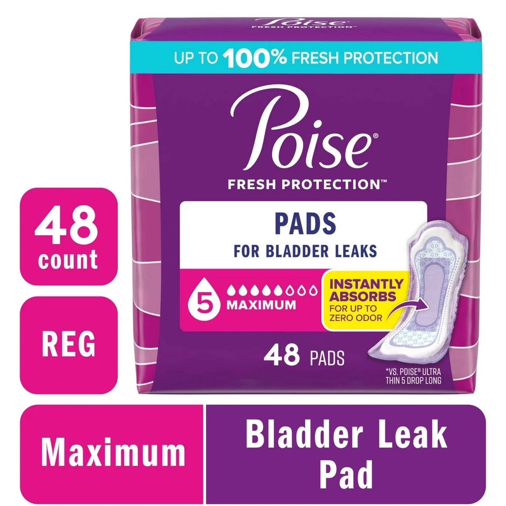 Poise Incontinence Pads 5 Drop Maximum Absorbency Regular Length 48 Count
