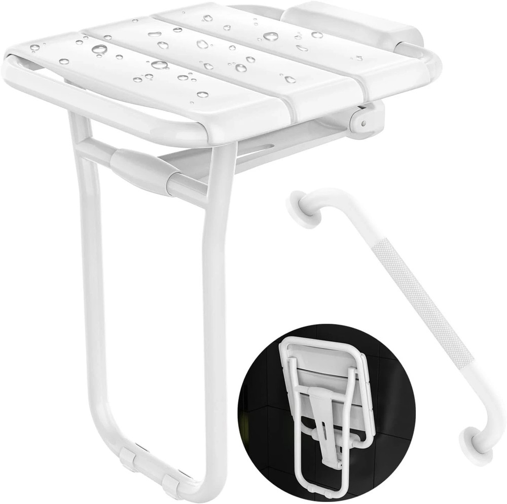 Heavy-Duty Folding Shower Seat with Grab Bar – 500 Lbs Capacity, Anti-Slip