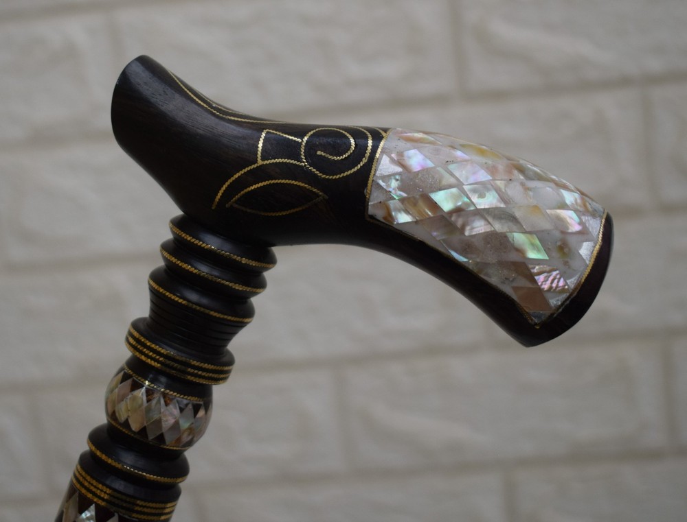 Handcrafted Egyptian Ebony Walking Cane: Mother of Pearl Inlay Stick (36 inch)