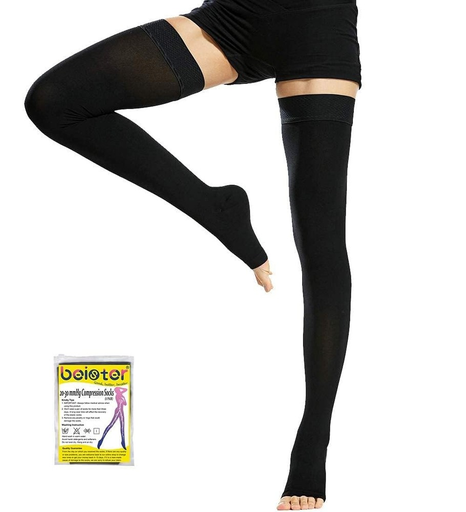 Beister 1 Pair Medical Open Toe Thigh High Compression Stockings with Silicone B