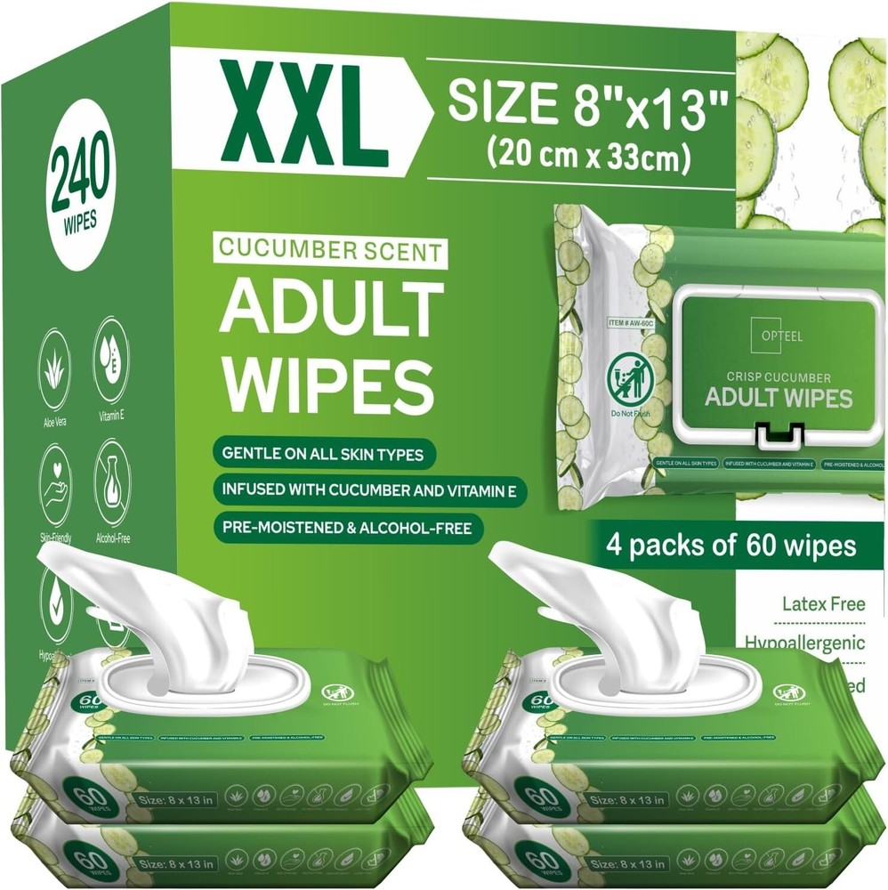Adult Wipes For Elderly Softly Scented – 8×13″ 240ct (4 Packs of 60)