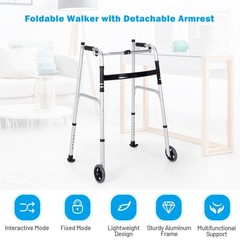 Folding Aluminum Alloy Wheel Walking Frame Adjustable Walker W/Armrest Support