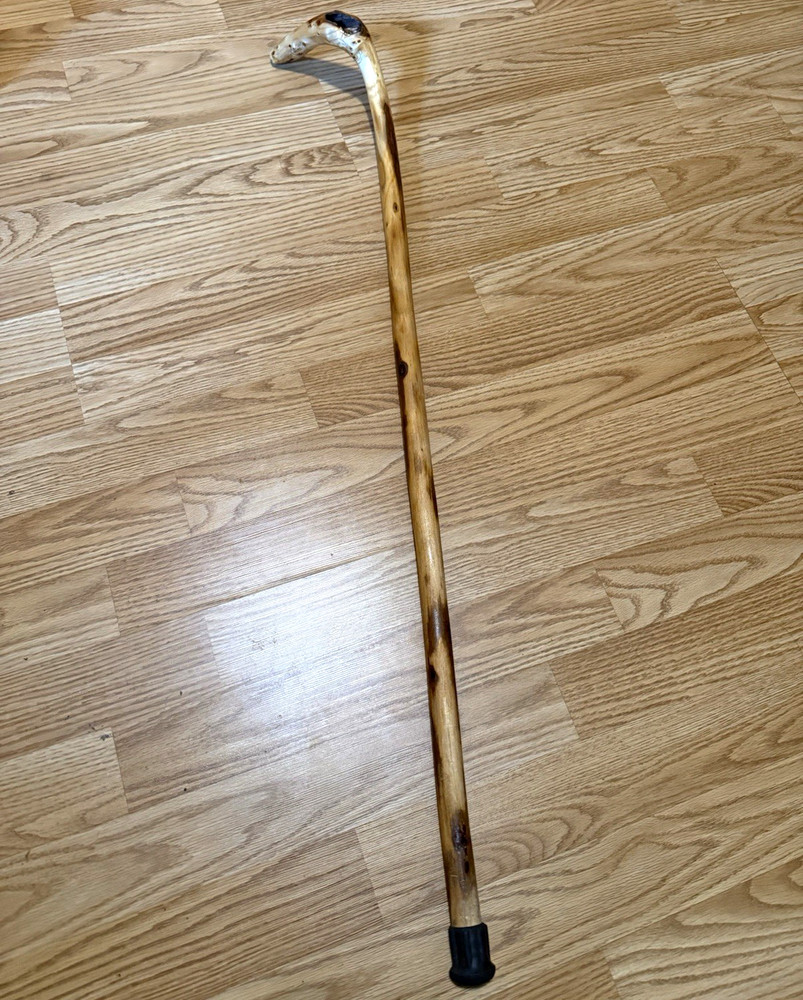 Handmade Brown Wood Walking Cane Stick w/ Curved Handle & Rubber Tip