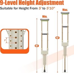 Aluminum Crutches for Adults, Pair of Height Adjustable Crutch (Fits 5’0″ – 5’10