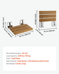 Foldable Shower Seat Wall Mounted 15.7″ Teak Bench 330LB Capacity