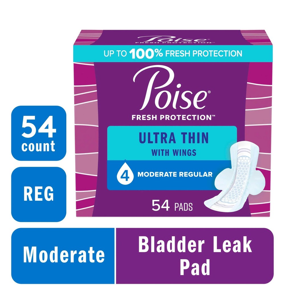 Ultra Thin Incontinence Pads with Wings, 4 Drop Moderate Absorbency, 54 Count