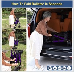 AKOASM Foldable 4-Wheel Rollator Walker Seat Backrest Handbrakes 300lb Purple