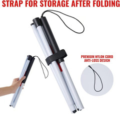 Foldable White Cane(Blind Cane) with Red Reflective Strip, 49 Inch Lightweight W