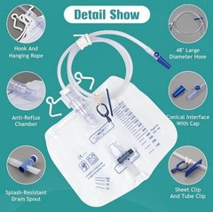 5 Pack 2000mL Urinary Drainage Bags Sterile Anti-Reflux Catheter Bags 48” Tube