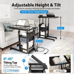 Height Adjustable Overbed Table with Wheel and Charging Station, Tiltable Des…