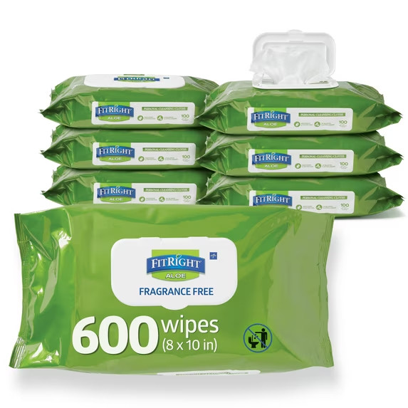 *6 pks* FitRight ALOE UNSCENTED 600 Ct Personal Wipes 8×10, 100Shts Each