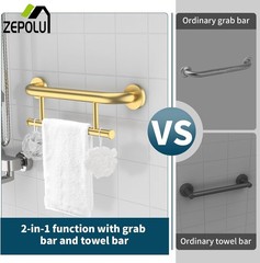 Brushed Gold Grab bar 17 inch – 1.25” Diameter, 2-in-1 Bath Towel Bars for Ba…