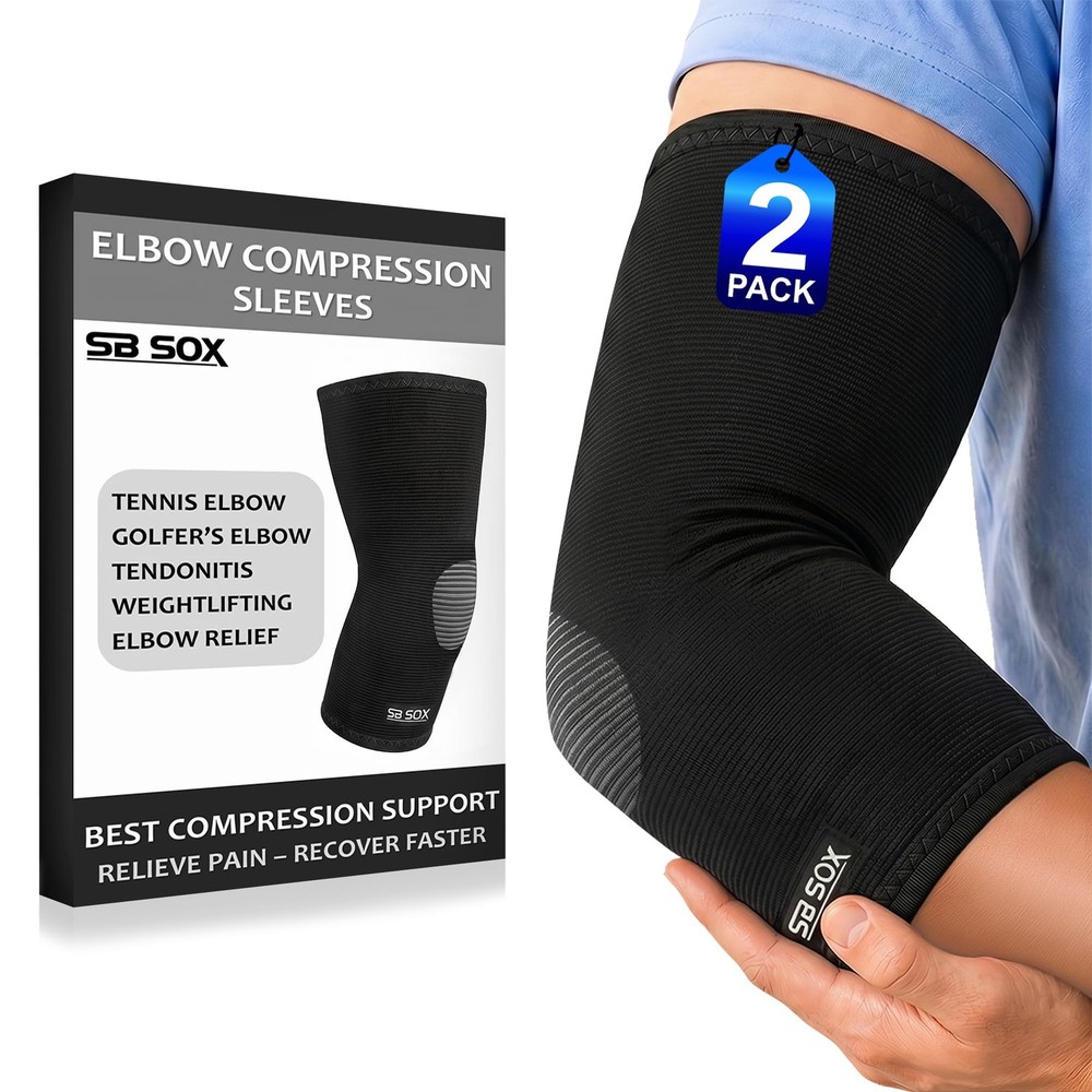 SB SOX Compression Elbow Brace (Pair) – Great Support Large, Solid – Black