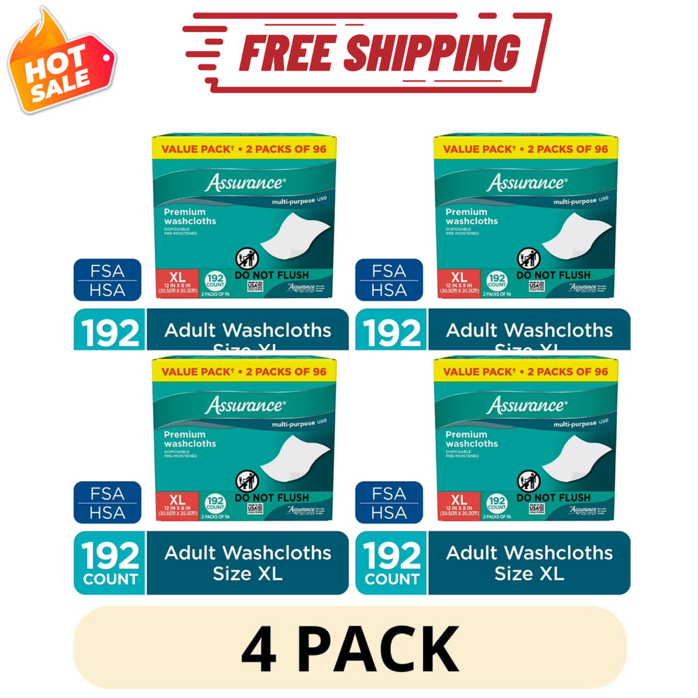 4Pack Assurance Premium Disposable Washcloth Wipes XL 192 Count Adult Wipes