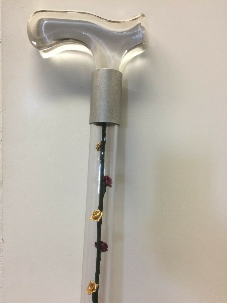 Designer walking cane burgundy and gold roses changable interior lucite handle