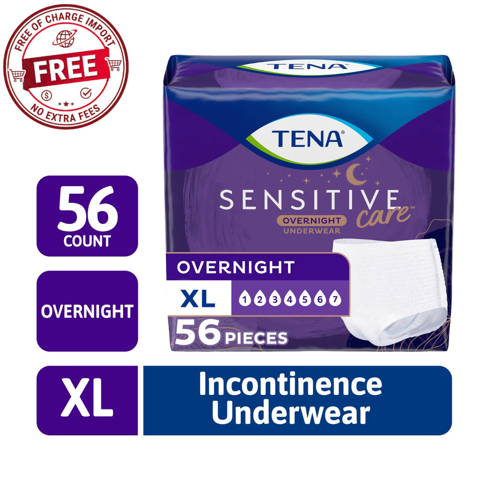 TENA Sensitive Care Overnight Underwear, XL, 56 Count (Waist Size 39in-52in)