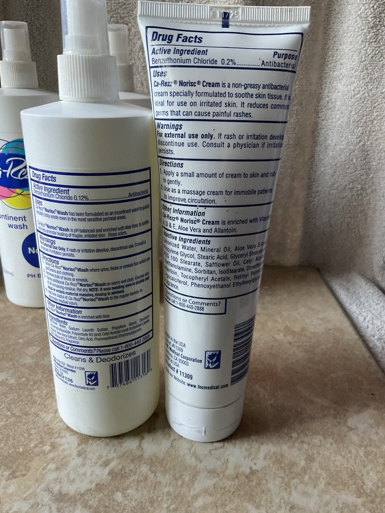 2- Ca-Rezz Antibacterial Norisc Cream 9.7 oz AND 2- Incontinent Wash 16oz NORISC