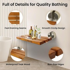 20″ Teak Folding Shower Seat; Wall Mounted; 400LB Capacity; Brushed Metal